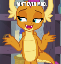 Size: 600x627 | Tagged: safe, edit, edited screencap, screencap, smolder, dragon, g4, molt down, claws, cropped, dragon wings, dragoness, fangs, female, image macro, meme, open mouth, solo, text, wings