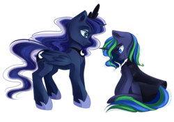 Size: 1069x748 | Tagged: safe, artist:airiniblock, princess luna, oc, oc:star gazer, alicorn, pony, rcf community, g4, cloak, clothes, female, mare, simple background, transparent background