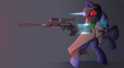 Size: 1600x886 | Tagged: safe, artist:airiniblock, oc, oc only, oc:star gazer, pony, unicorn, fallout equestria, rcf community, gas mask, glowing horn, gun, hooves, horn, levitation, magic, mask, ncr, ncr ranger, optical sight, rearing, rifle, simple background, sniper, sniper rifle, solo, telekinesis, weapon