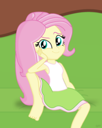 Size: 1103x1382 | Tagged: safe, artist:grapefruitface1, fluttershy, equestria girls, g4, barefoot, chair, clothes, feet, female, looking at you, show accurate, sitting, solo