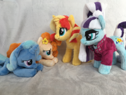 Size: 1024x768 | Tagged: safe, artist:gscuddlecraft, coloratura, pear butter, sunset shimmer, trixie, earth pony, pony, unicorn, g4, countess coloratura, female, irl, mare, photo, plushie