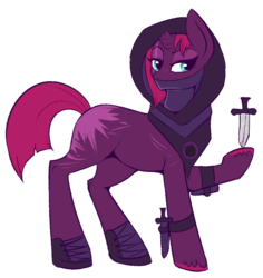 Size: 807x854 | Tagged: safe, artist:lulubell, tempest shadow, pony, g4, my little pony: the movie, cowl, dagger, dungeons and dragons, eye scar, fantasy class, female, hood, rogue, scar, simple background, solo, transparent background, weapon