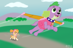 Size: 1500x1000 | Tagged: safe, artist:phallen1, spike, spike the regular dog, dog, equestria girls, g4, chase, collar, crossover, equestria girls-ified, flying, goggles, helmet, jetpack, paw patrol, skye (paw patrol), spike's dog collar, winged spike, wings