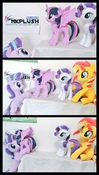Size: 576x1024 | Tagged: safe, artist:nekokevin, rarity, starlight glimmer, sunset shimmer, twilight sparkle, alicorn, pony, unicorn, series:nekokevin's glimmy, g4, cute, female, glimmerbetes, grabbing, holding, holding a pony, irl, kidnapped, looking up, mare, photo, plushie, raribetes, shimmerbetes, sitting, size difference, smiling, twiabetes, twilight sparkle (alicorn), underhoof