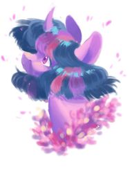 Size: 600x800 | Tagged: safe, artist:yuyusunshine, twilight sparkle, pony, g4, alternate hairstyle, bust, cute, female, flower, looking up, mare, painting, signature, simple background, smiling, twiabetes, white background