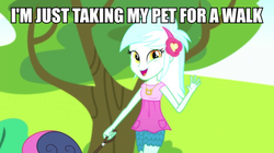 Size: 889x499 | Tagged: safe, edit, edited screencap, screencap, bon bon, lyra heartstrings, sweetie drops, equestria girls, g4, my little pony equestria girls: summertime shorts, female, image macro, implied pet play, leash, lesbian, meme, ship:lyrabon, shipping, tree