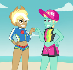 Size: 1900x1800 | Tagged: dead source, safe, artist:mashoart, trenderhoof, zephyr breeze, human, equestria girls, g4, my little pony equestria girls: better together, accessory swap, applejack's beach shorts swimsuit, baseball cap, beach, cap, cartoons in drag, clothes, cowboy hat, crossdressing, duo, duo male, femboy, fist bump, glasses, hand on hip, hat, implied applejack, implied rainbow dash, long sleeves, looking at each other, male, rainbow dash's beach shorts swimsuit, short shirt, smiling, swimsuit, swimsuit swap, tank top