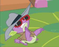 Size: 417x334 | Tagged: safe, screencap, spike, dragon, g4, molt down, animated, clothes, cropped, feet, glasses, hat, jacket, male, molting, scratching, solo, sunglasses