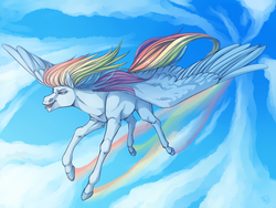 Size: 1600x1200 | Tagged: safe, artist:ask-ravenclaw, rainbow dash, pegasus, pony, g4, female, flying, mare, open mouth, rainbow trail, realistic, solo, windswept mane