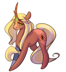 Size: 1697x1857 | Tagged: safe, artist:ask-ravenclaw, oc, oc only, pony, unicorn, amputee, commission, curved horn, cutie mark, female, horn, horn jewelry, jewelry, lidded eyes, looking at you, mare, prosthetic limb, prosthetics, simple background, solo, transparent background