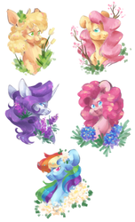 Size: 1250x2050 | Tagged: safe, artist:yuyusunshine, applejack, fluttershy, pinkie pie, rainbow dash, rarity, earth pony, pegasus, pony, g4, female, flower, mare, simple background