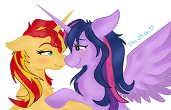 Size: 2024x1304 | Tagged: safe, artist:raiokai, sunset shimmer, twilight sparkle, alicorn, pony, unicorn, g4, blushing, crossed horns, female, horn, horns are touching, lesbian, looking at each other, mare, ship:sunsetsparkle, shipping, simple background, smiling, spread wings, twilight sparkle (alicorn), white background, wings
