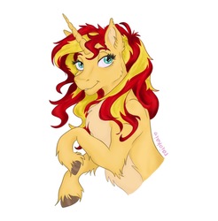 Size: 1313x1334 | Tagged: safe, artist:raiokai, sunset shimmer, pony, unicorn, g4, female, fluffy, lidded eyes, looking at you, mare, rearing, simple background, smiling, solo, white background