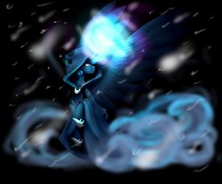 Size: 1024x853 | Tagged: safe, artist:melodyboundless, princess luna, spirit of hearth's warming yet to come, alicorn, pony, g4, female, glowing horn, horn, looking over shoulder, mare, snow, solo, spread wings, wings