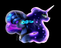 Size: 2048x1613 | Tagged: safe, artist:melodyboundless, princess luna, tantabus, pony, g4, black background, duo, ethereal mane, female, galaxy mane, glowing eyes, looking at you, mare, simple background