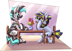 Size: 2540x1805 | Tagged: safe, artist:crunchycrowe, oc, earth pony, pony, zebra, chair, commission, date, duo, female, flower, male, mare, simple background, sitting, stallion, straight, table, tongue out, transparent background, ych result, zebra oc