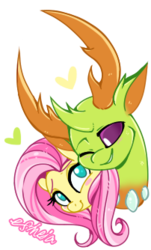 Size: 202x334 | Tagged: safe, artist:esmeia, fluttershy, thorax, changedling, changeling, pony, g4, blush sticker, blushing, bust, female, heart, interspecies, king thorax, male, mare, shipping, simple background, straight, thoraxshy, transparent background