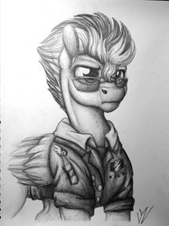 Size: 2241x3001 | Tagged: safe, artist:lupiarts, spitfire, pegasus, pony, g4, clothes, female, high res, mare, monochrome, simple background, sketch, solo, sunglasses, traditional art