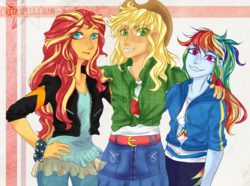 Size: 1280x951 | Tagged: safe, artist:castaspellliana, applejack, rainbow dash, sunset shimmer, equestria girls, g4, clothes, cowboy hat, female, grin, hand on hip, hat, jacket, looking at you, pants, plaid shirt, shirt, smiling, stetson, trio