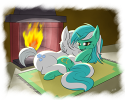 Size: 5000x4000 | Tagged: safe, artist:maneingreen, double diamond, lyra heartstrings, earth pony, pony, unicorn, g4, crack shipping, cuddling, eyes closed, female, fire, fireplace, hug, lymond, male, mare, request, shipping, smiling, stallion, straight
