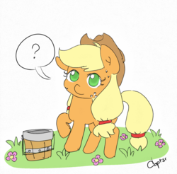 Size: 1600x1574 | Tagged: safe, artist:c0pter, applejack, earth pony, pony, g4, colored pupils, confused, cute, dialogue, flower, freckles, grass, hat, looking at you, question mark, raised hoof, simple background, solo, sweat, white background