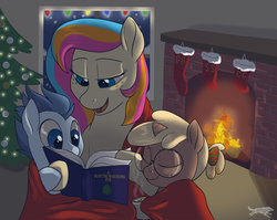 Size: 1024x815 | Tagged: safe, artist:lostinthetrees, oc, oc only, oc:copper chip, oc:golden gates, oc:silver span, pegasus, pony, unicorn, babscon, book, christmas, christmas stocking, christmas tree, colt, female, filly, fireplace, holiday, male, mare, tree