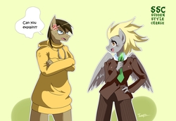Size: 2532x1745 | Tagged: safe, artist:traupa, derpy hooves, doctor whooves, time turner, earth pony, pegasus, anthro, alternate hairstyle, clothes, clothes swap, cross-popping veins, crossdressing, female, hoodie, looking at each other, male, mane swap, necktie, simple background, sudden style change