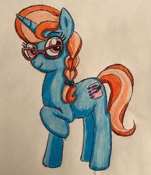 Size: 2167x2504 | Tagged: safe, artist:bozzerkazooers, bright eyes, pony, unicorn, g1, g4, female, g1 to g4, generation leap, glasses, high res, mare, solo, traditional art