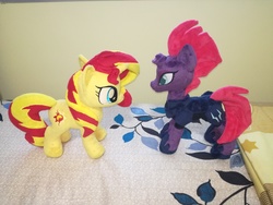 Size: 4160x3120 | Tagged: safe, artist:doctorkoda, sunset shimmer, tempest shadow, pony, unicorn, equestria girls, g4, my little pony: the movie, bed, cute, irl, looking at each other, photo, plushie, standing, toy