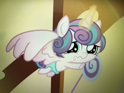 Size: 4032x3024 | Tagged: safe, screencap, princess flurry heart, pony, a flurry of emotions, g4, '90s, baby, cropped, diaper, female, flying, scared, solo, wavy mouth