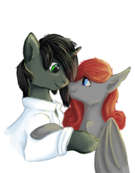 Size: 2437x3113 | Tagged: safe, artist:drops-of-blood, oc, oc only, oc:braunly, oc:queen stan, bat pony, pony, unicorn, clothes, duo, female, high res, lab coat, male, mare, simple background, stallion, transparent background