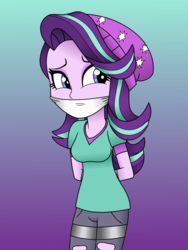 Size: 3000x4000 | Tagged: safe, artist:nightrain54, starlight glimmer, equestria girls, equestria girls specials, g4, my little pony equestria girls: mirror magic, arm behind back, bondage, bound, bound and gagged, breasts, cloth gag, female, gag, hat, solo, tape, tied up