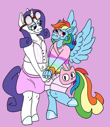 Size: 985x1137 | Tagged: safe, artist:honeytediz, rainbow dash, rarity, pegasus, unicorn, anthro, unguligrade anthro, g4, belly button, blushing, clothes, female, lesbian, midriff, pink background, ship:raridash, shipping, simple background, smiling