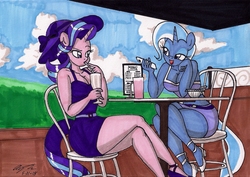 Size: 1934x1369 | Tagged: safe, artist:newyorkx3, starlight glimmer, trixie, unicorn, anthro, g4, beautiful, belt, chair, clothes, crossed legs, dress, drink, duo, duo female, female, hat, high heels, legs, miniskirt, moe, phone, raised eyebrow, shoes, skirt, straw, table, thighs