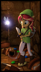 Size: 5400x9600 | Tagged: safe, artist:imafutureguitarhero, sunset shimmer, fairy, unicorn, anthro, unguligrade anthro, g4, 3d, absurd resolution, blade, boots, border, broken sword, cap, chromatic aberration, clothes, costume, crossover, duo, ear piercing, earring, elf hat, female, film grain, floating, freckles, giant's knife, hat, holding, hylian shield, jewelry, leather boots, link, link's hat, link's tunic, mare, multicolored hair, navi, nose wrinkle, peppered bacon, piercing, pot, rupee, sand, scabbard, shield, shoes, signature, socks, source filmmaker, strap, sword, the legend of zelda, the legend of zelda: ocarina of time, tights, tunic, uh oh, vertical, wall of tags, weapon
