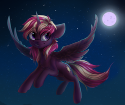 Size: 1024x866 | Tagged: dead source, safe, artist:freckleplant, oc, oc only, alicorn, pony, alicorn oc, commission, female, floppy ears, flying, mare, moon, night, smiling, solo, spread wings, stars, wings