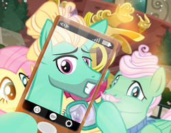 Size: 1000x775 | Tagged: safe, artist:pixelkitties, fluttershy, gentle breeze, posey shy, zephyr breeze, pegasus, pony, g4, cellphone, female, male, mare, phone, photobomb, picture, smartphone, stallion