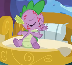 Size: 429x387 | Tagged: safe, screencap, spike, dragon, g4, molt down, bed, claws, cropped, eyes closed, stone scales