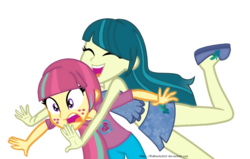 Size: 974x619 | Tagged: safe, artist:flutterdash83, artist:iamsheila, juniper montage, sour sweet, equestria girls, g4, base used, clothes, duo, female, freckles, hug, lesbian, open mouth, ship:junipersweet, shipping, simple background, transparent background