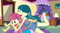 Size: 1024x576 | Tagged: safe, alternate version, artist:flutterdash83, artist:iamsheila, juniper montage, sour sweet, equestria girls, g4, base used, clothes, duo, eyes closed, female, freckles, hug, lesbian, open mouth, ship:junipersweet, shipping