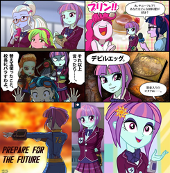 Size: 796x813 | Tagged: safe, artist:uotapo, lemon zest, pinkie pie, sci-twi, sugarcoat, sunny flare, twilight sparkle, equestria girls, g4, clothes, comic, crystal prep academy uniform, fallout, fangirl, headcanon, nerd, pipboy, school uniform, sunny flare's wrist devices, translated in the comments