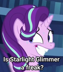 Size: 1575x1802 | Tagged: safe, edit, edited screencap, screencap, starlight glimmer, pony, unicorn, g4, the crystalling, are equestrian ponies equine?, cropped, faic, freak, image macro, meme, meme origin, nervous, question, sweat, text, xenos