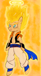 Size: 698x1294 | Tagged: safe, artist:protest0, artist:protesto, oc, oc:enigma, oc:pipe dream, oc:pippeni, earth pony, pony, clothes, crossover, dragon ball, dragon ball z, fusion, fusion:pippeni, glowing mane, gogeta, halo, male, super saiyan