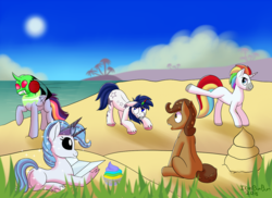 Size: 1200x872 | Tagged: safe, artist:ikaribunbun, oc, changeling, pony, unicorn, beach, female, food, ice cream, male, mare, stallion