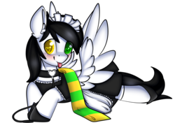 Size: 2048x1443 | Tagged: safe, artist:xcinnamon-twistx, oc, oc only, oc:first choice, :p, blushing, clothes, collar, heart eyes, heterochromia, leash, maid, scarf, silly, simple background, socks, spread wings, stockings, thigh highs, tongue out, transparent background, wingboner, wingding eyes, wings