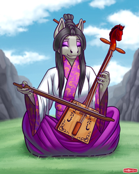 Size: 1536x1920 | Tagged: safe, artist:wwredgrave, octavia melody, earth pony, anthro, g4, asian, bow (instrument), clothes, dress, eyes closed, female, makeup, mare, mongol, mongolian, morinkhuur, musical instrument, nail polish, playing, playing instrument, sitting, solo