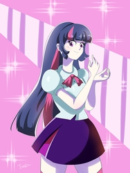 Size: 2977x3952 | Tagged: safe, artist:traupa, twilight sparkle, human, g4, clothes, cute, equestria girls outfit, female, high res, humanized, looking at you, moe, pleated skirt, skirt, socks, thigh highs, thighs, zettai ryouiki