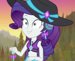 Size: 893x720 | Tagged: safe, screencap, rarity, equestria girls, equestria girls series, g4, lost and found, <:), animated, belly button, bikini, bikini top, clothes, cropped, cute, ear piercing, female, geode of shielding, gif, grin, hat, headphones, magical geodes, midriff, nervous, nervous laugh, nervous smile, piercing, raribetes, rarity's blue sarong, rarity's purple bikini, sarong, smiling, solo, sun hat, swimsuit