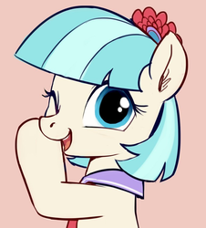 Size: 776x859 | Tagged: safe, artist:luciferamon, coco pommel, earth pony, pony, g4, cocobetes, cute, female, looking at you, mare, meme, one eye closed, simple background, solo, spoiler alert, wink