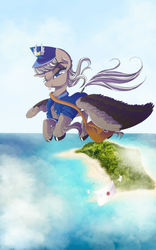 Size: 2000x3208 | Tagged: safe, artist:hagalazka, oc, oc only, pegasus, pony, clothes, commission, female, flying, hat, high res, island, mail, mailbag, mailmare, mare, not derpy, shirt, solo, tail wrap, ych result